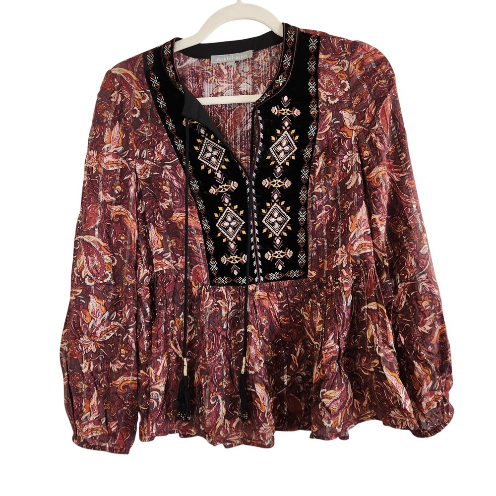 Daniel Rainn XS Boho Embroidered Velvet Trim Tassel Paisley Print Peasant Blouse